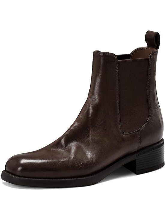 Shoes - Women's Dark Brown Leather Chelsea Flat Round Toe Elastic Chunky Low Heels Boot